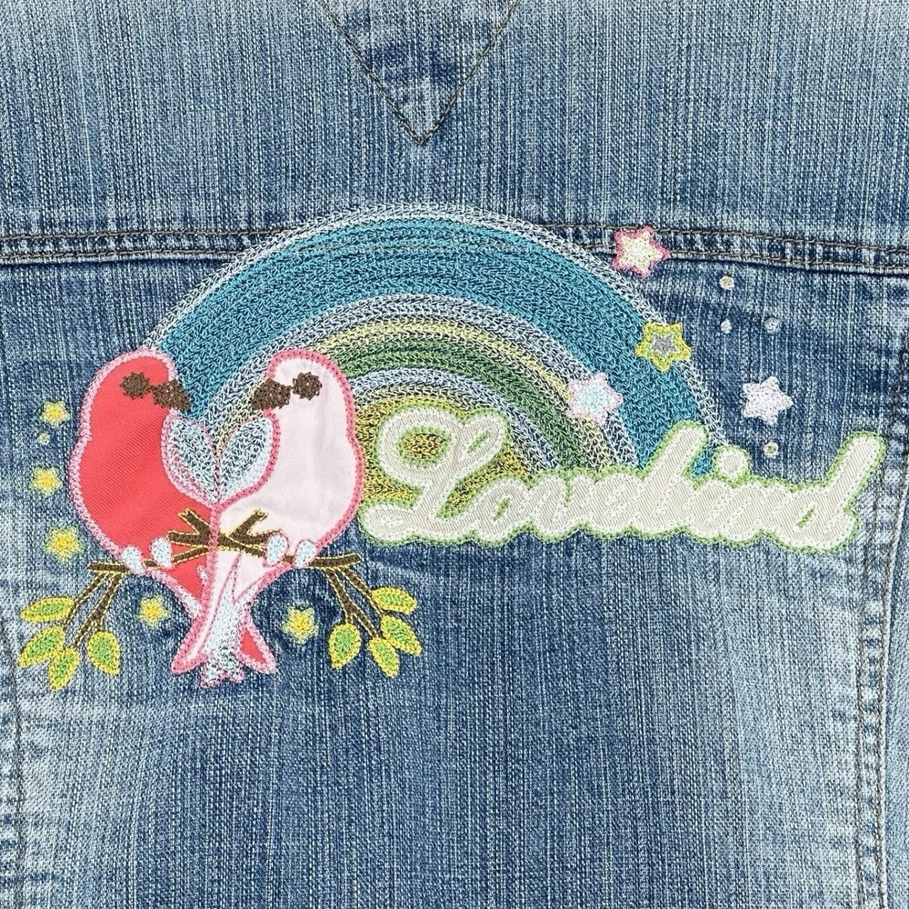VTG 2005 Tommy Jeans Denim Cropped Jacket Womans M Love Birds Embroidery on Back
